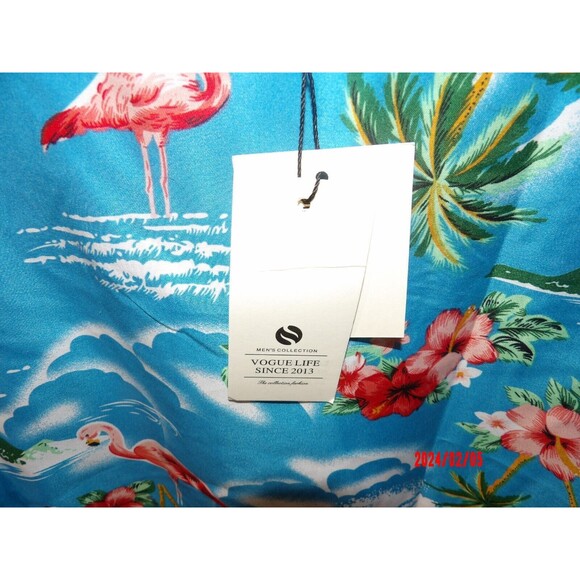 SSLR Mens‎ XL Blue Pink Flamingos and Palms Short Sleeve Button Hawaiian Shirt - Picture 3 of 4